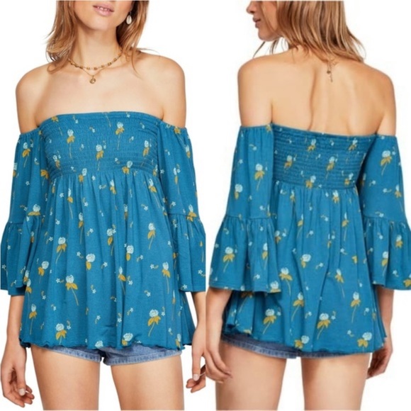Free People NWT Lana Floral Off Shoulder Top in Blue | Size Small - Picture 4 of 8